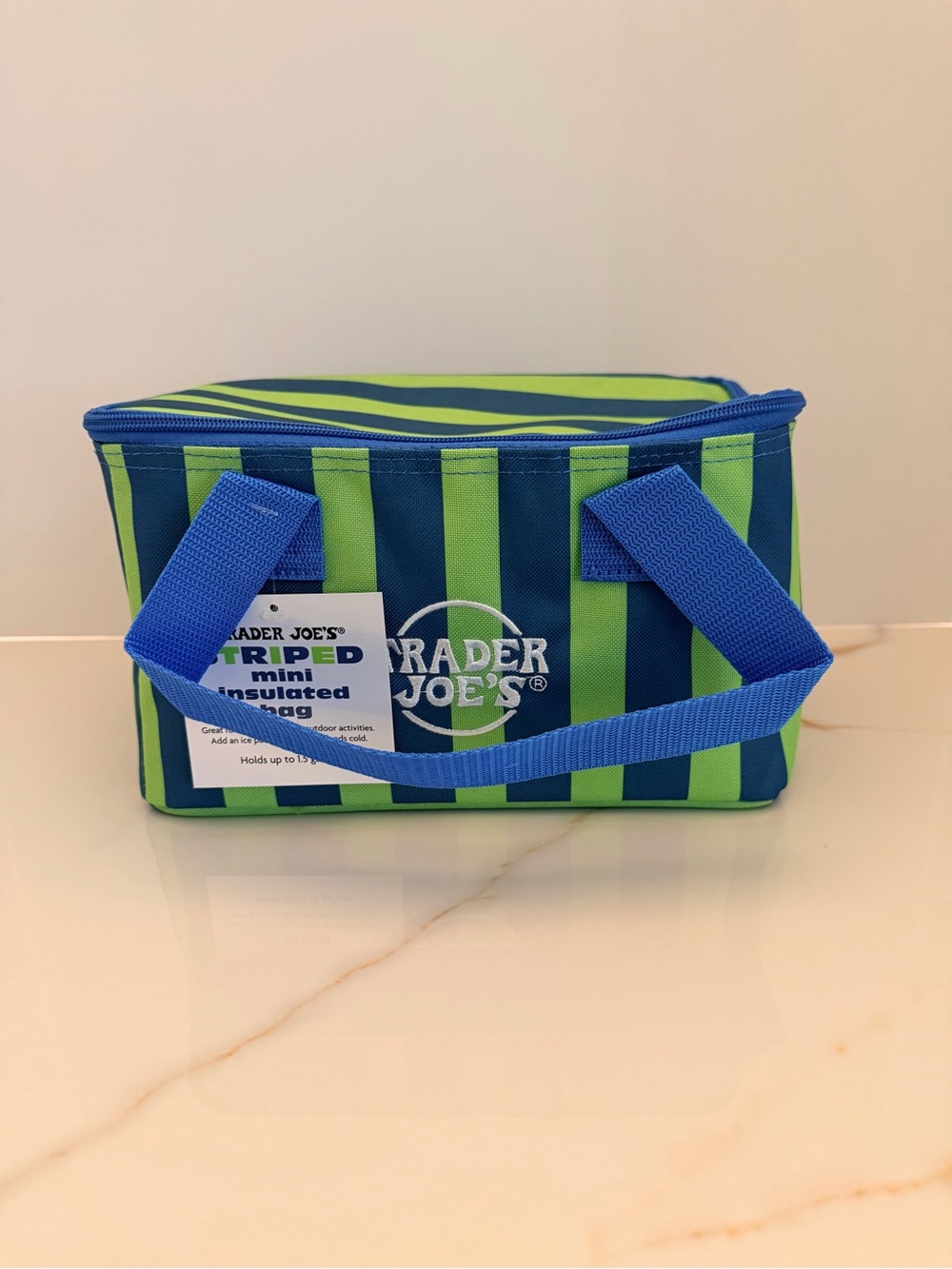 Trader Joe’s 2026 Blue & Green Striped Mini Insulated Bag